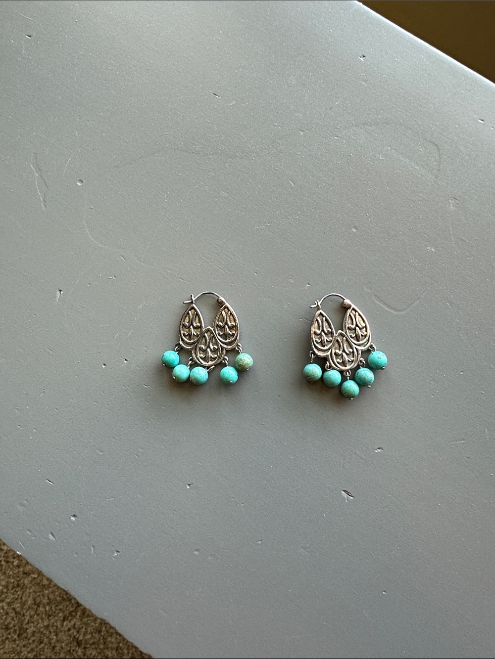 Turquoise Bead Drop Filigree Hoop Earrings